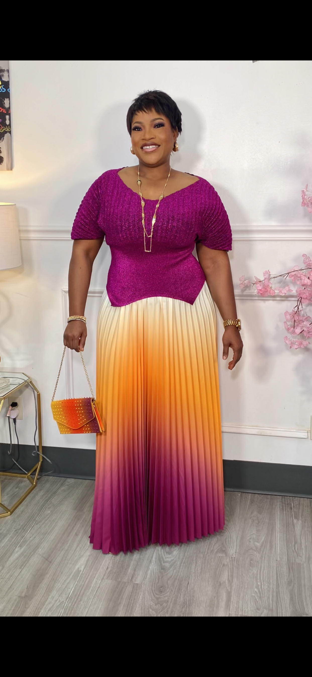 Women’s V-Neck Top with Pleated Skirt