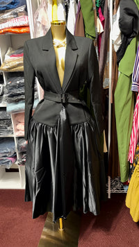 Thumbnail for Elegant Black Belted Blazer Midi Dress