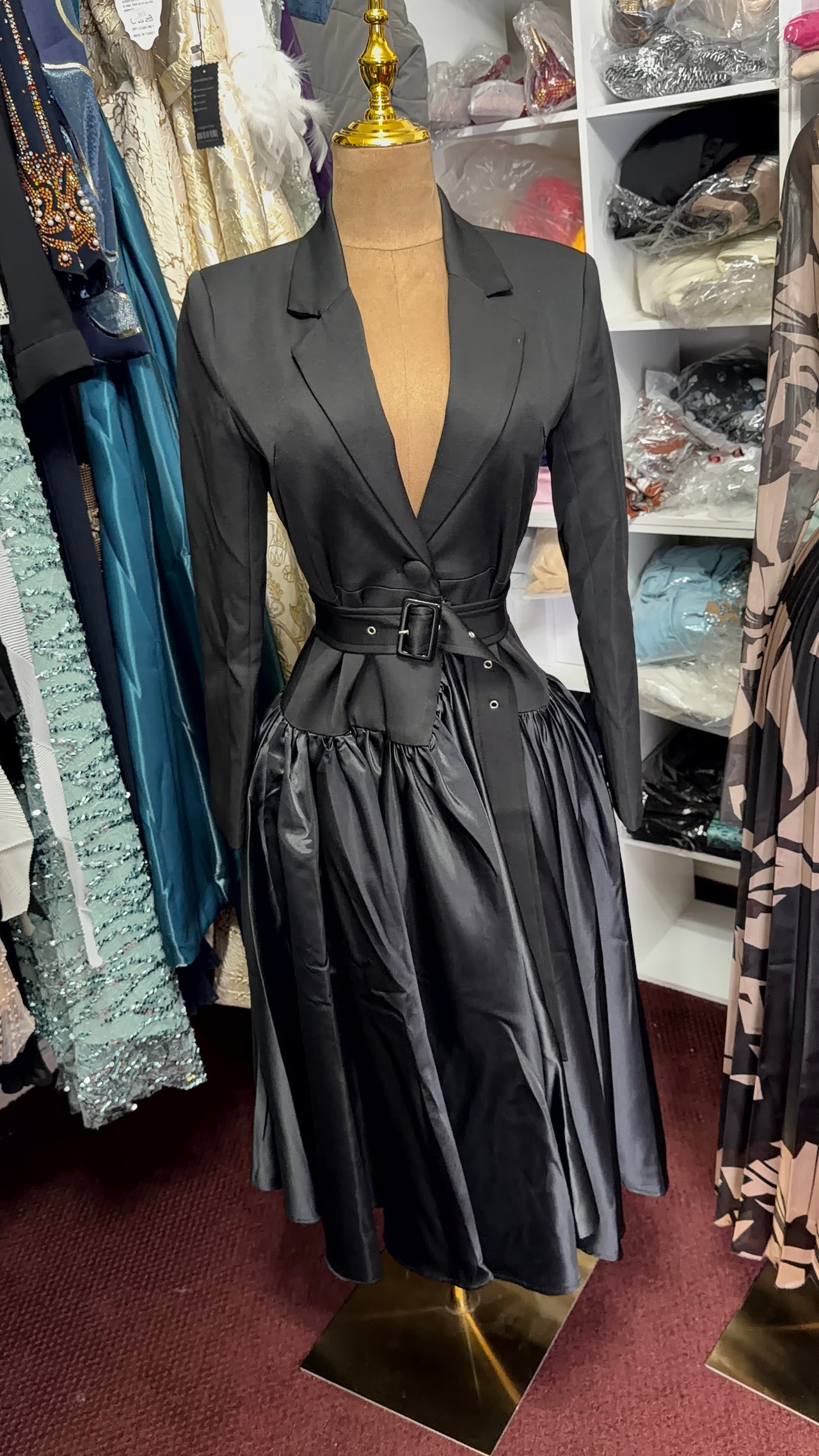 Elegant Black Belted Blazer Midi Dress