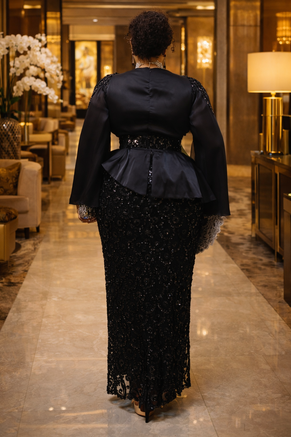 Peplum Satin Sequins Women Black Dress