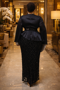 Thumbnail for Peplum Satin Sequins Women Black Dress