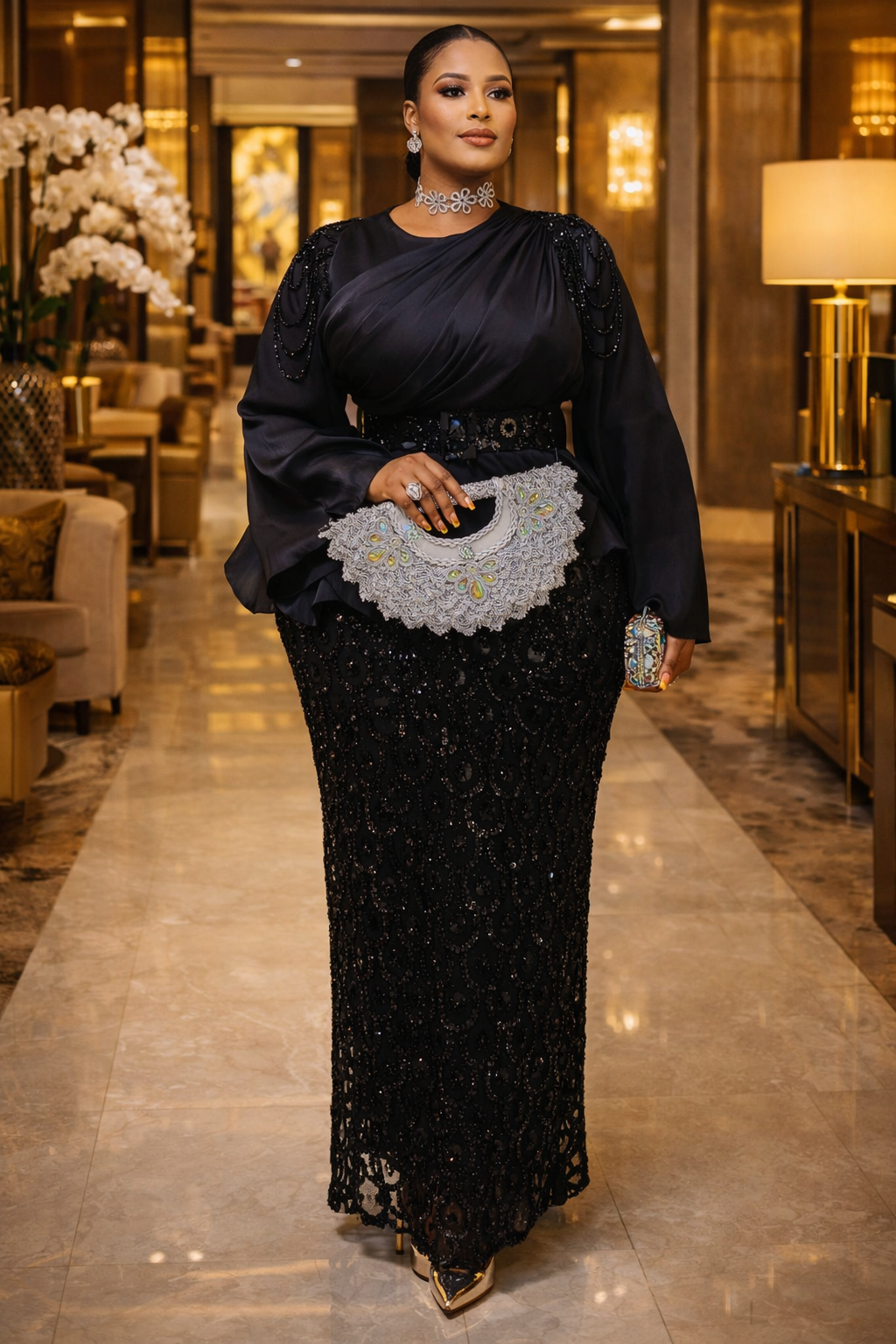 Peplum Satin Sequins Women Black Dress