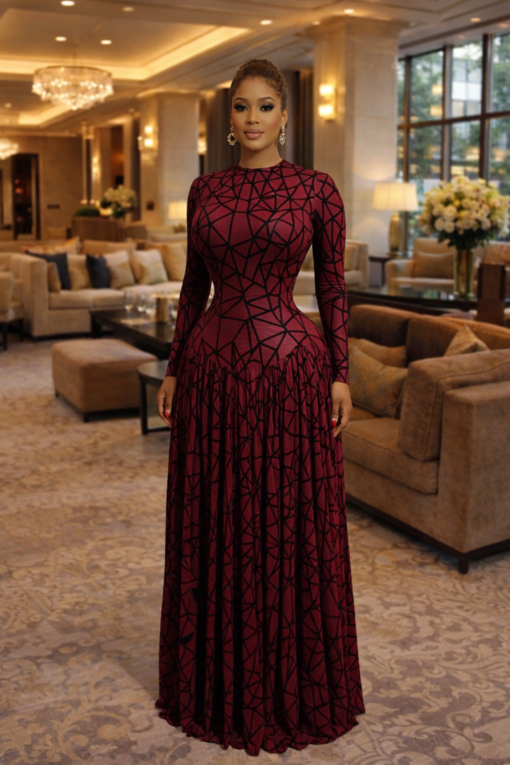 Mesh Pleated Turtle Neck Long Dress