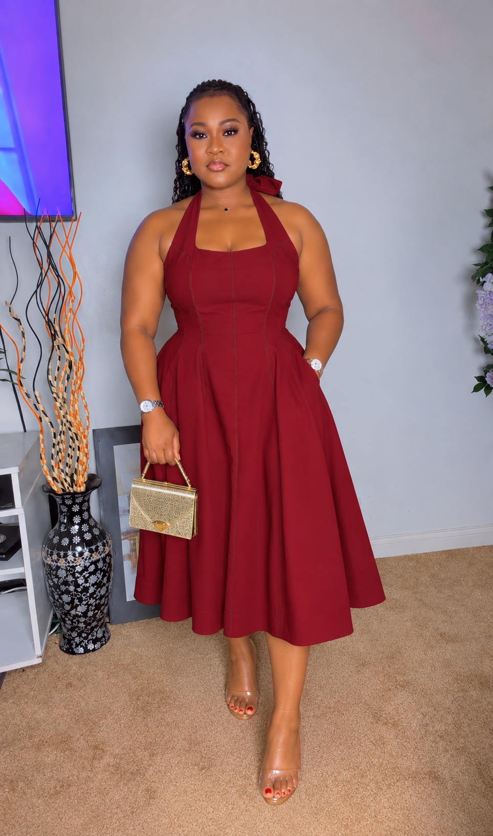 Halter Fit & Flare Midi Dress