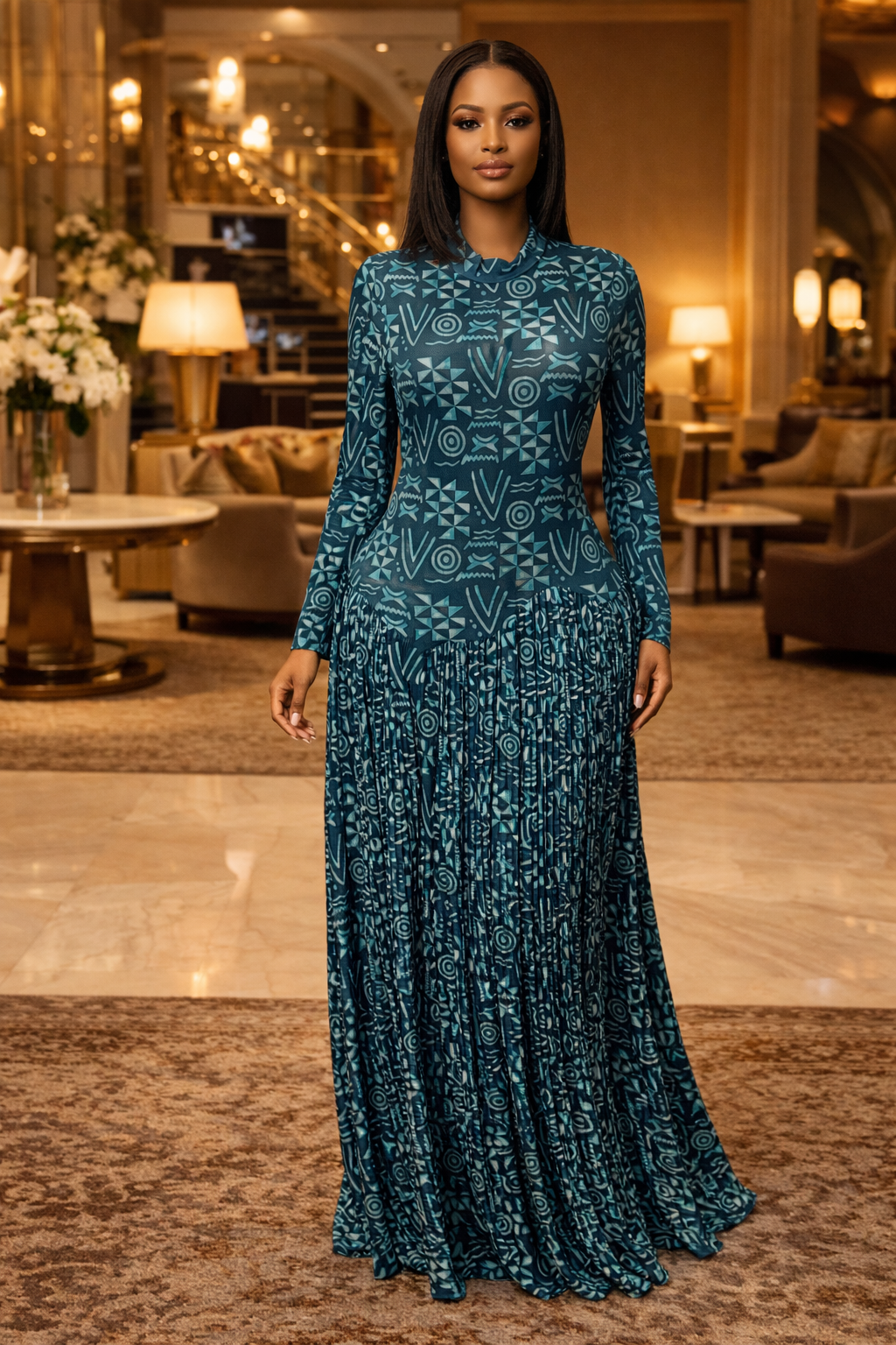 Pleated Mesh Long Dress