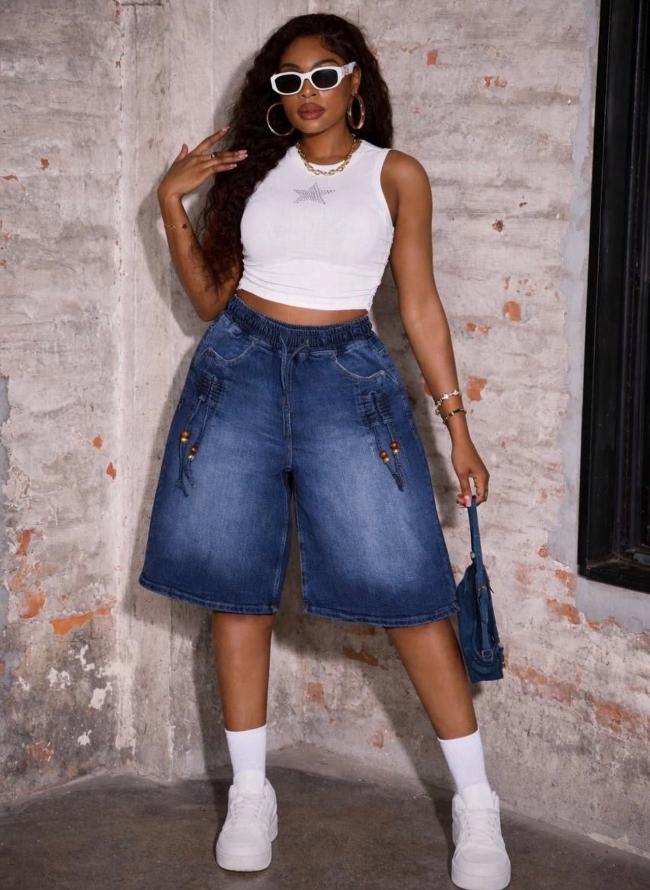 High-waist denim culotte pants