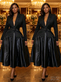 Thumbnail for Elegant Black Belted Blazer Midi Dress