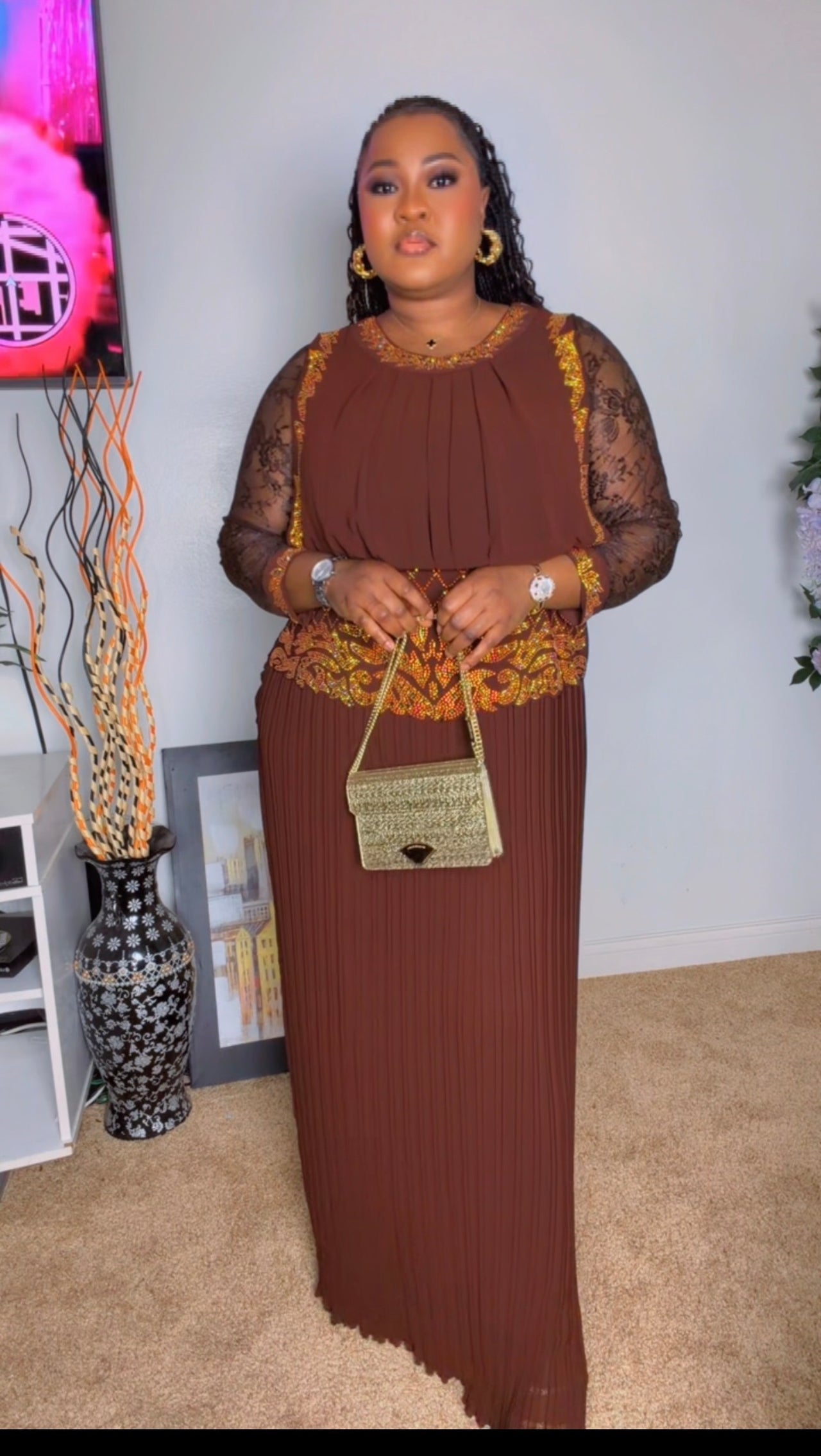 Elegant Pleated Brown Maxi Floor Length Dress