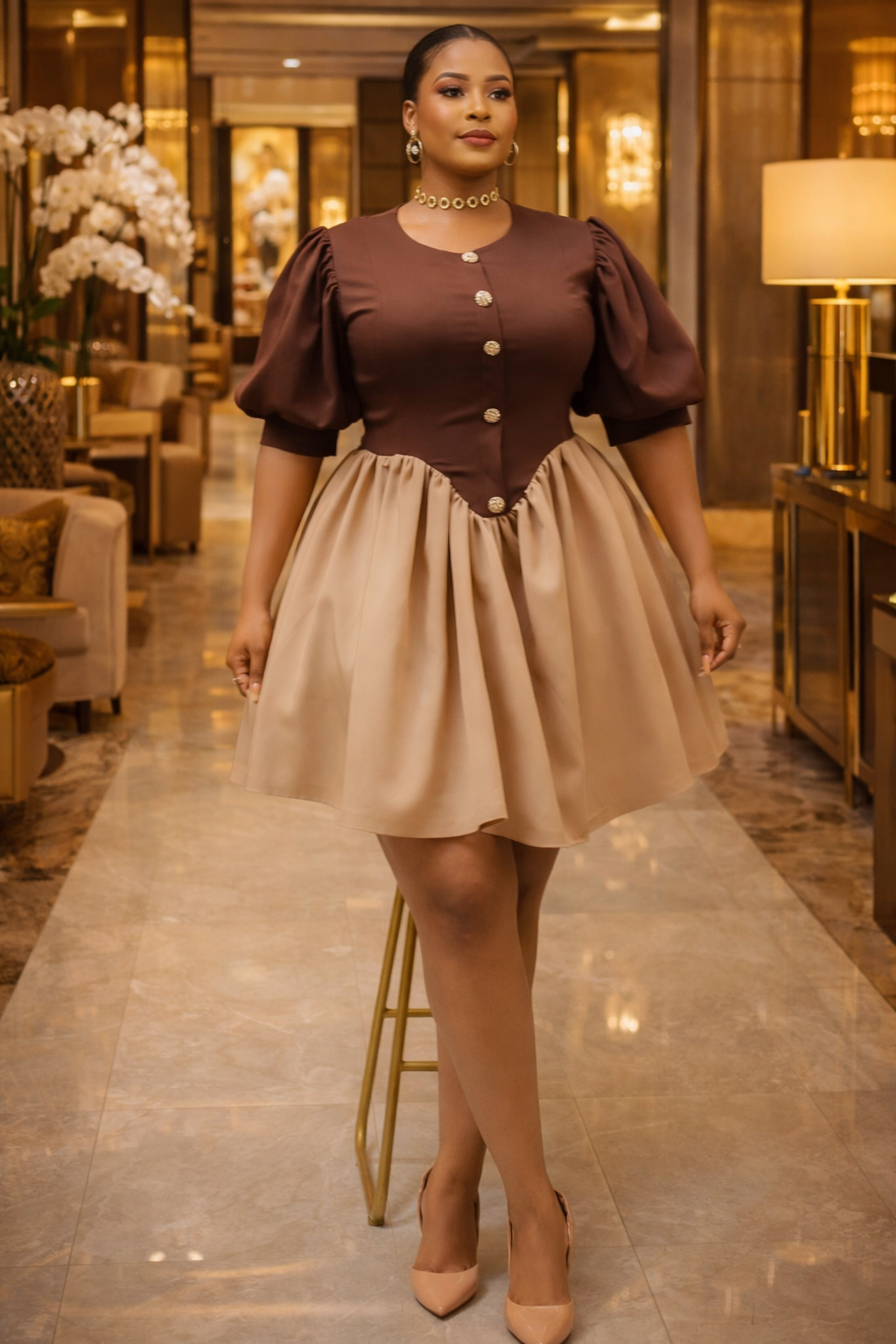 Brown & Beige Puff-Sleeve Fit-and-Flare Dress