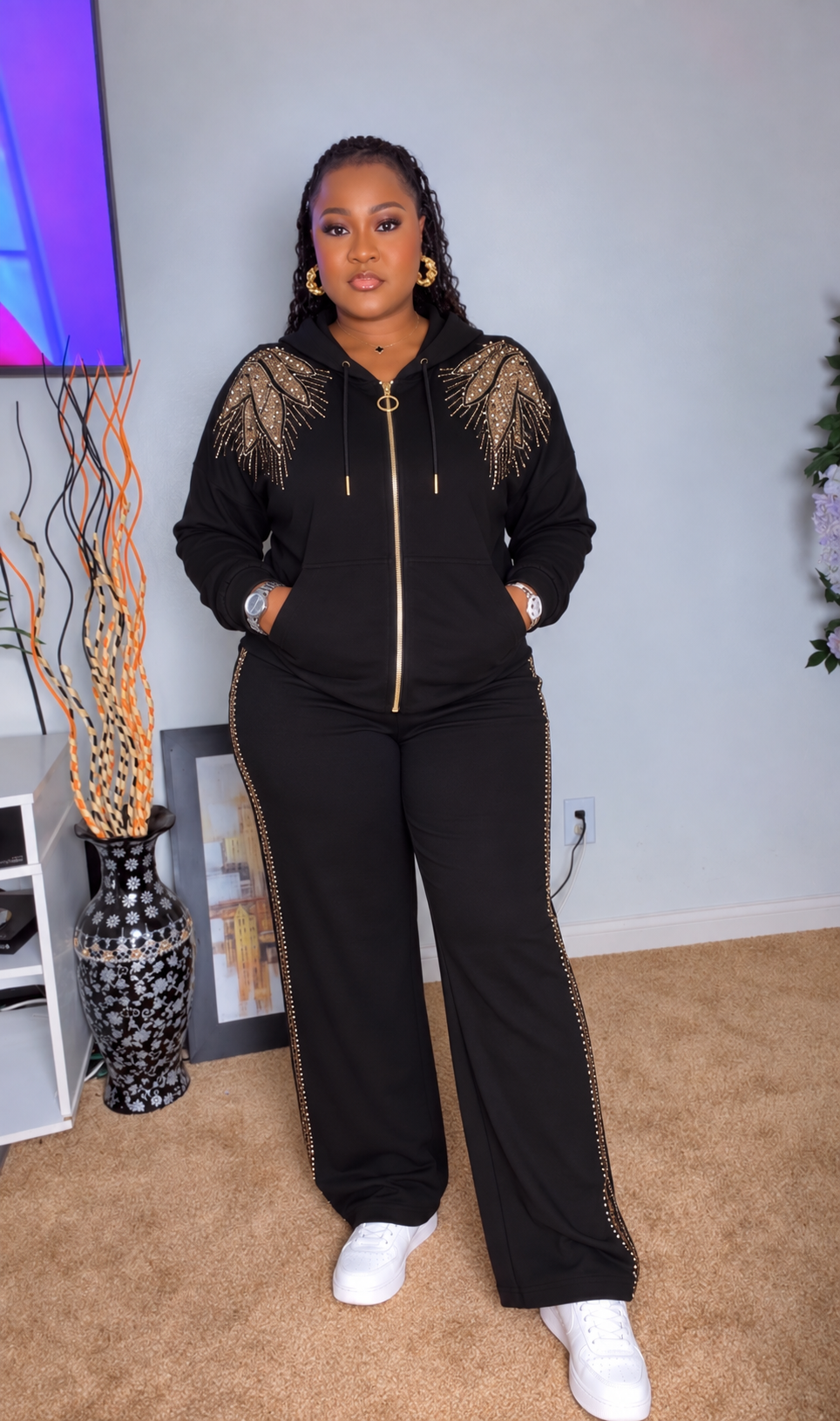 Black & Gold Embellished Tracksuit Set