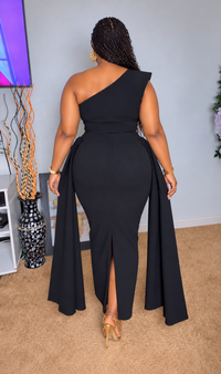 Thumbnail for Black Beaded One-Shoulder Draped Dress