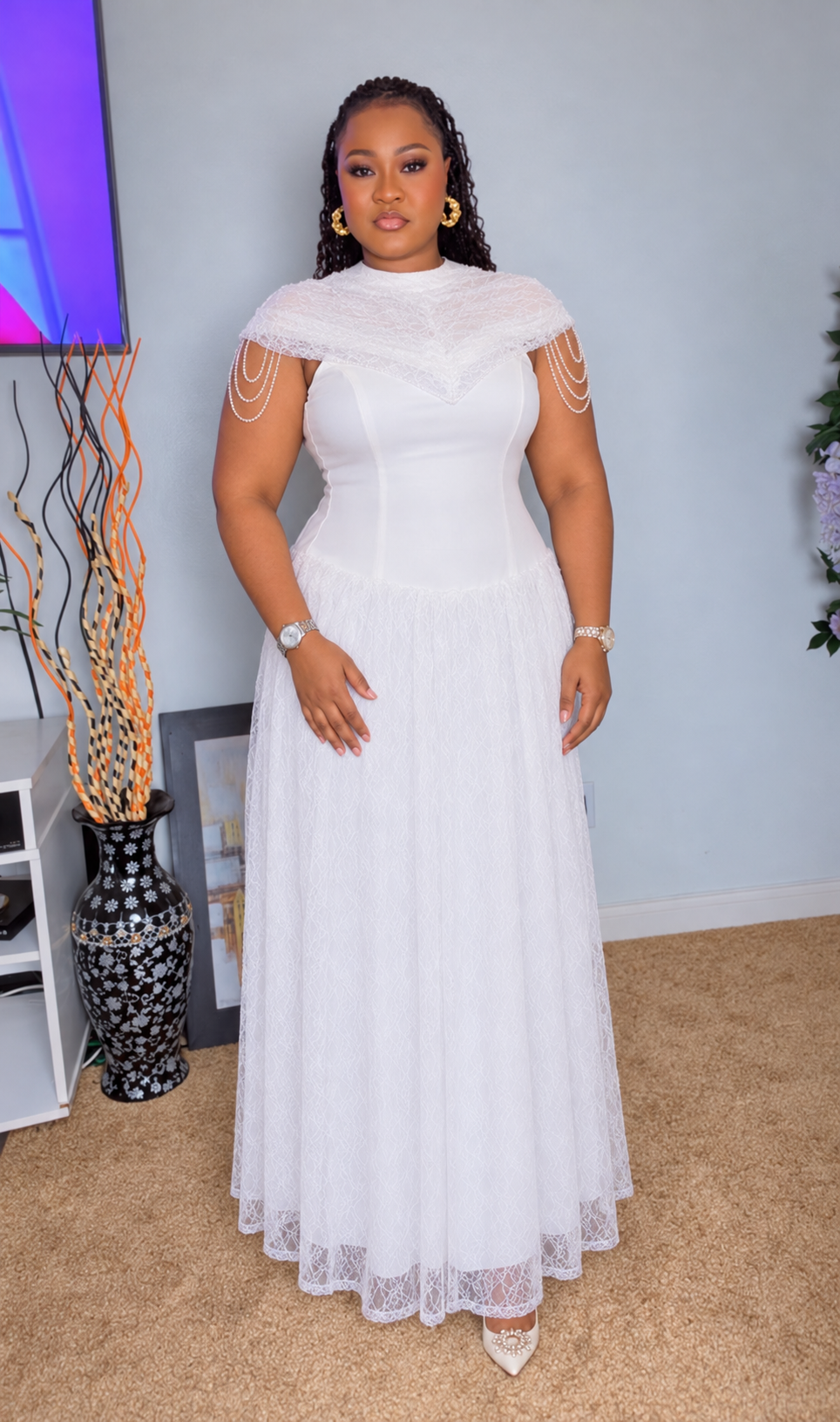 White Lace &amp; Pearl Maxi Dress