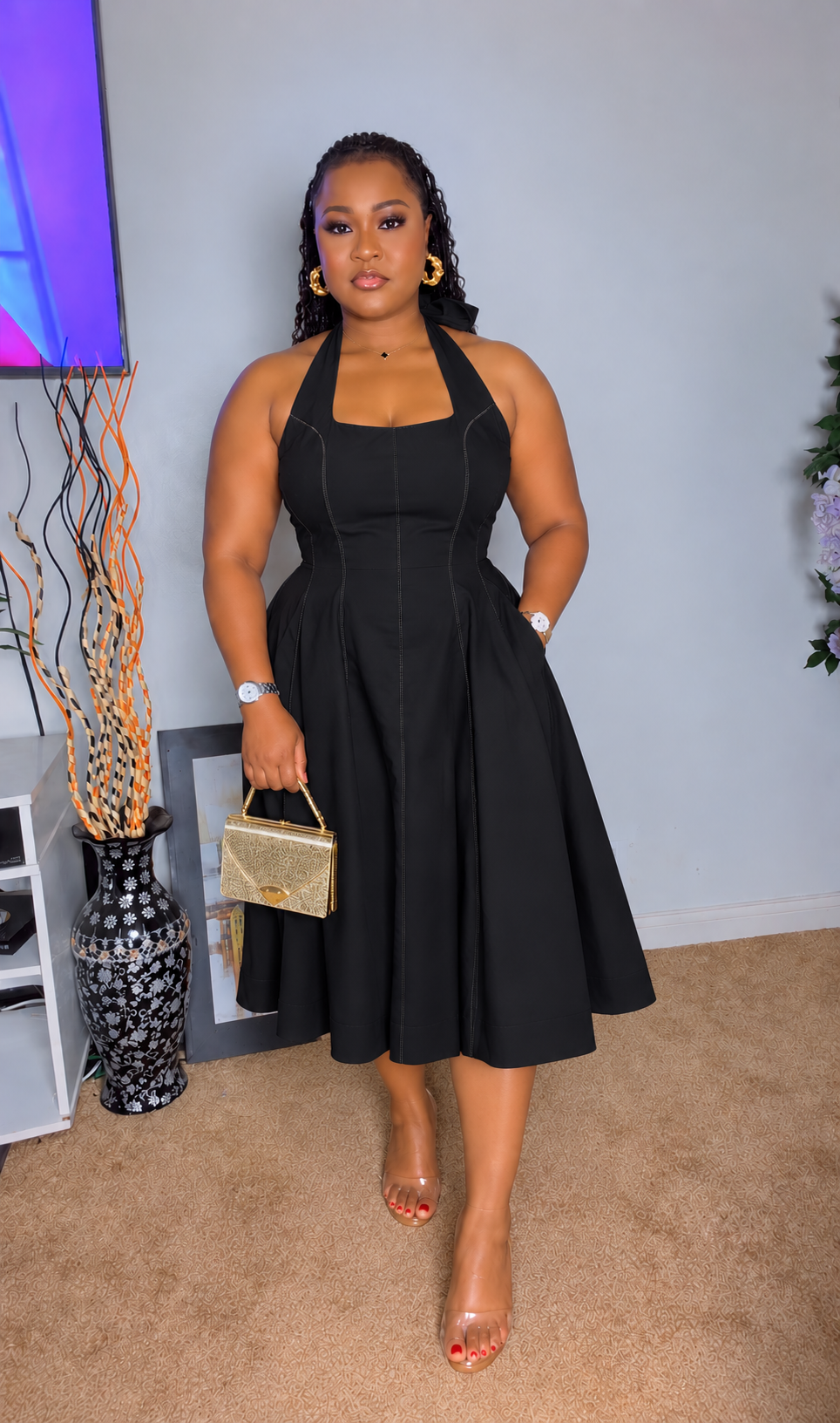 Halter Fit & Flare Midi Dress
