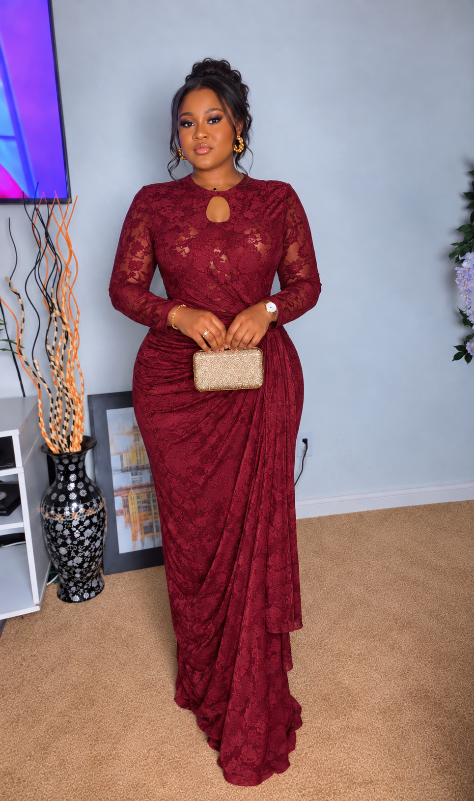 Lace Ruched Maxi Dress