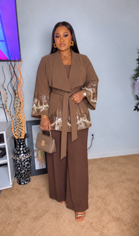 Thumbnail for Embellished Brown Two-Piece Pant Set