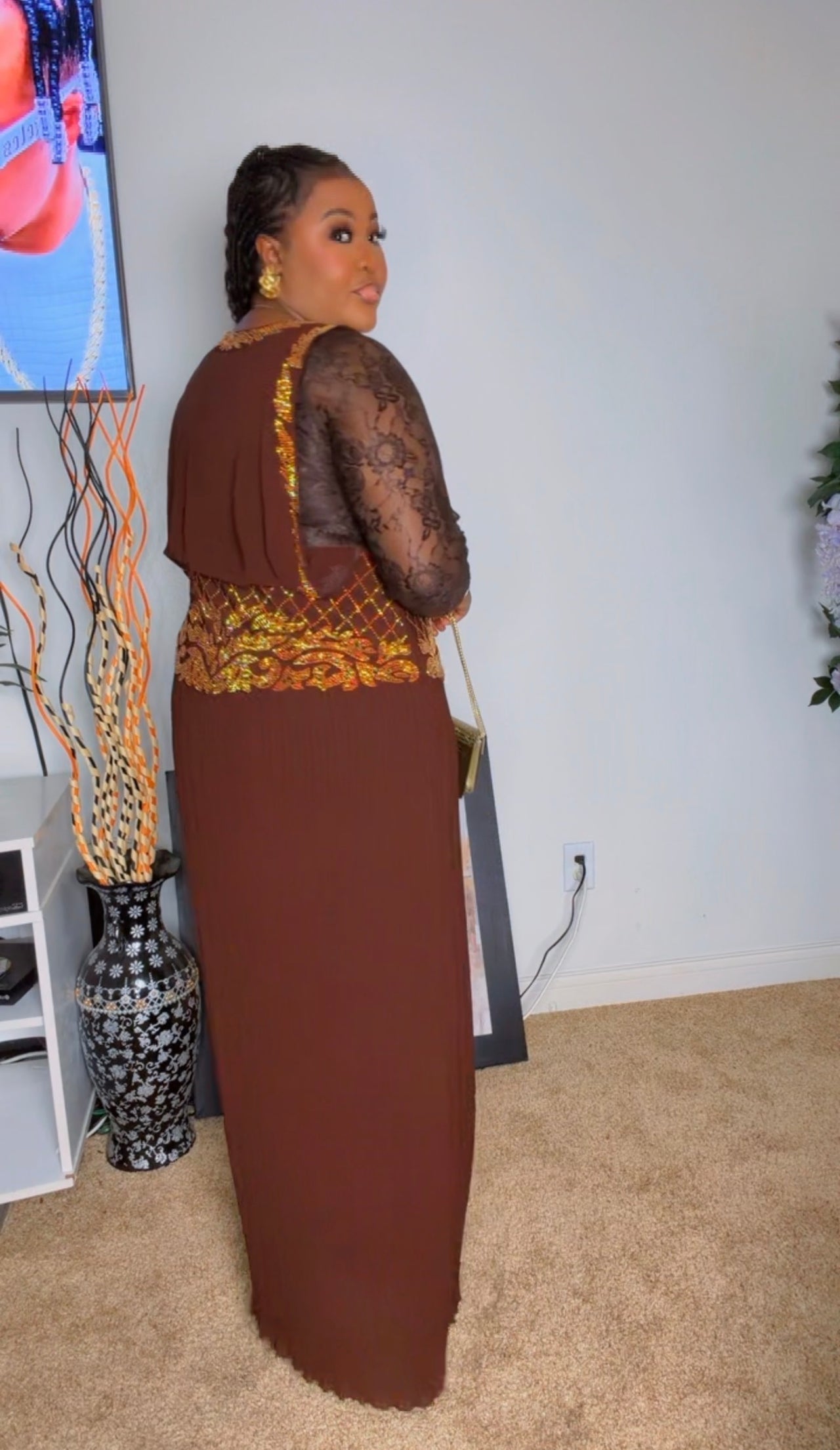 Elegant Pleated Brown Maxi Floor Length Dress