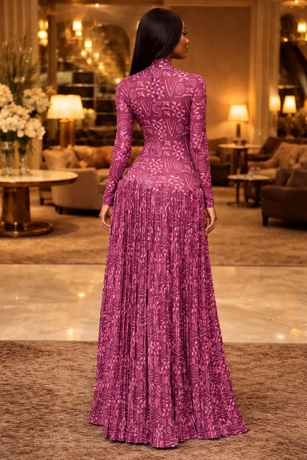Pleated Mesh Long Dress