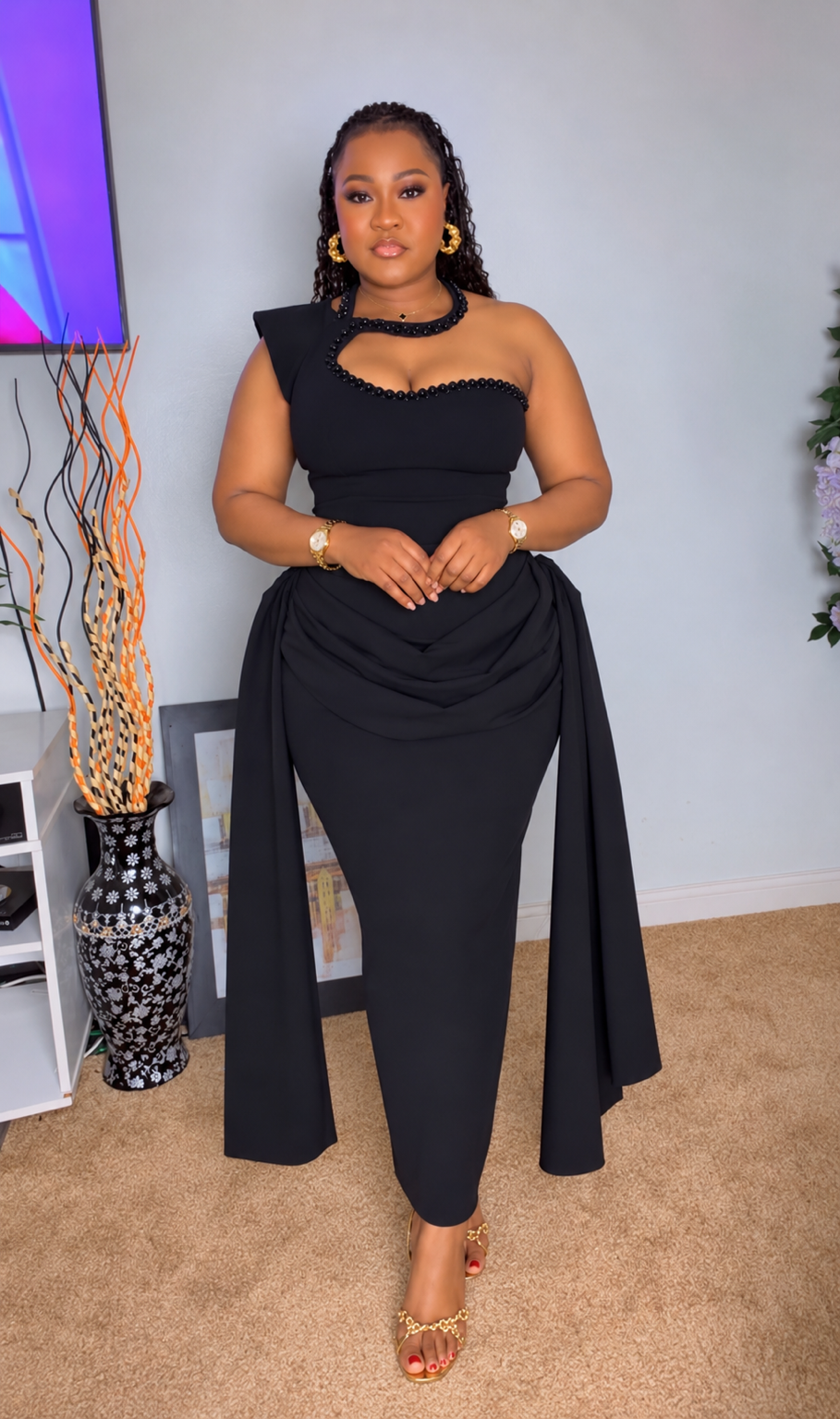 Black Beaded One-Shoulder Draped Dress