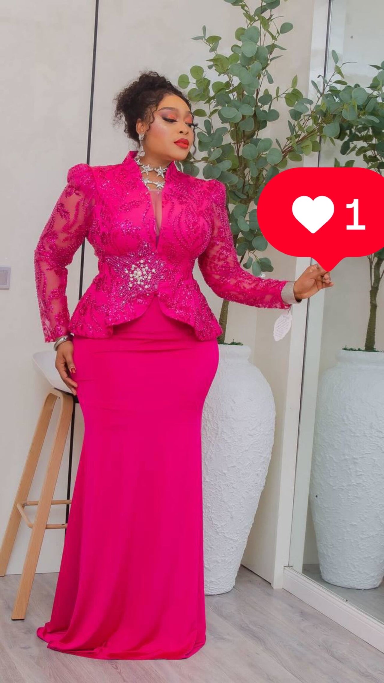 Luxury Embellished Hot Pink Skirt And Blouse