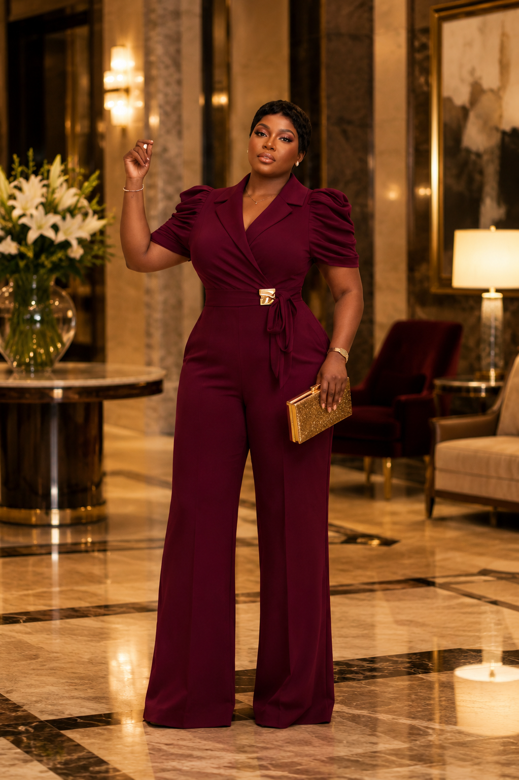 Puff Sleeve Belted Jumpsuit