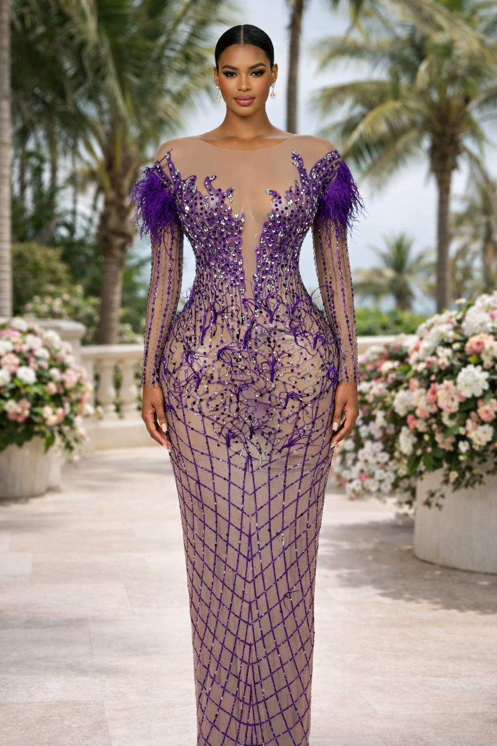 Luxury See Through Feather Dress