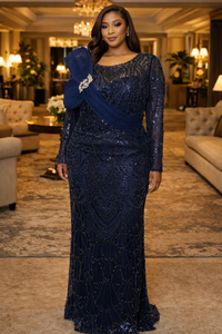 Thumbnail for Elegant Navy Blue Beaded Evening Gown