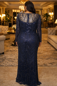 Thumbnail for Elegant Navy Blue Beaded Evening Gown