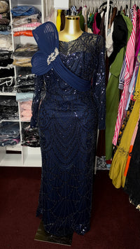 Thumbnail for Elegant Navy Blue Beaded Evening Gown