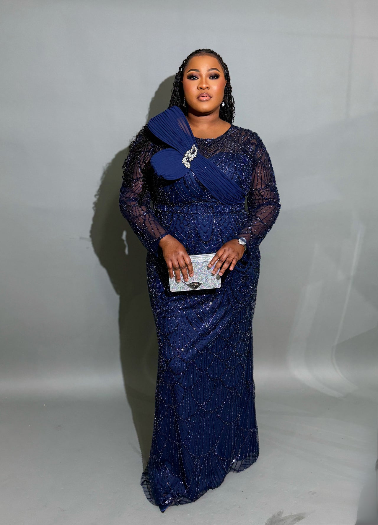 Elegant Navy Blue Beaded Evening Gown