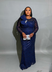 Thumbnail for Elegant Navy Blue Beaded Evening Gown