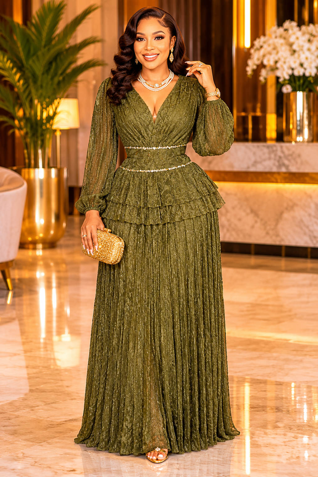 Olive Luxe Pleated Maxi Dress