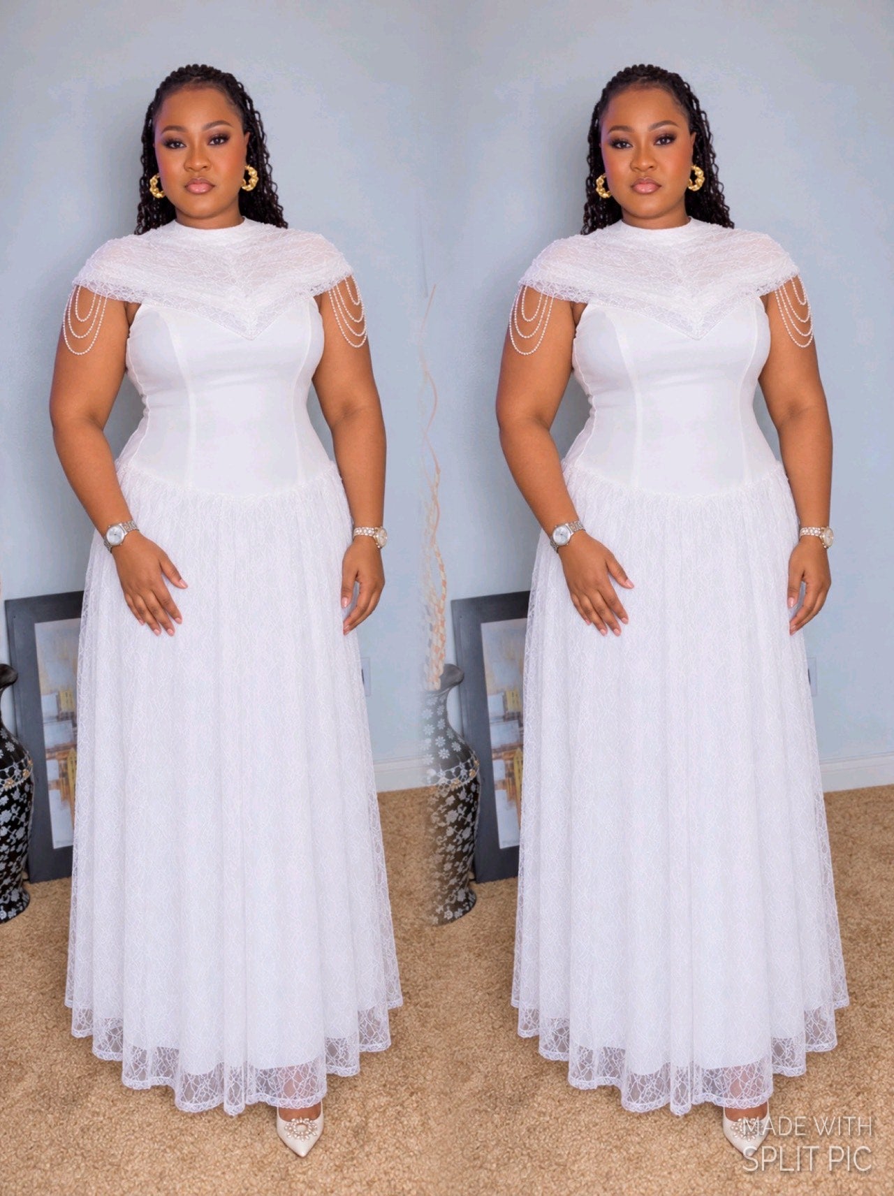White Lace &amp; Pearl Maxi Dress
